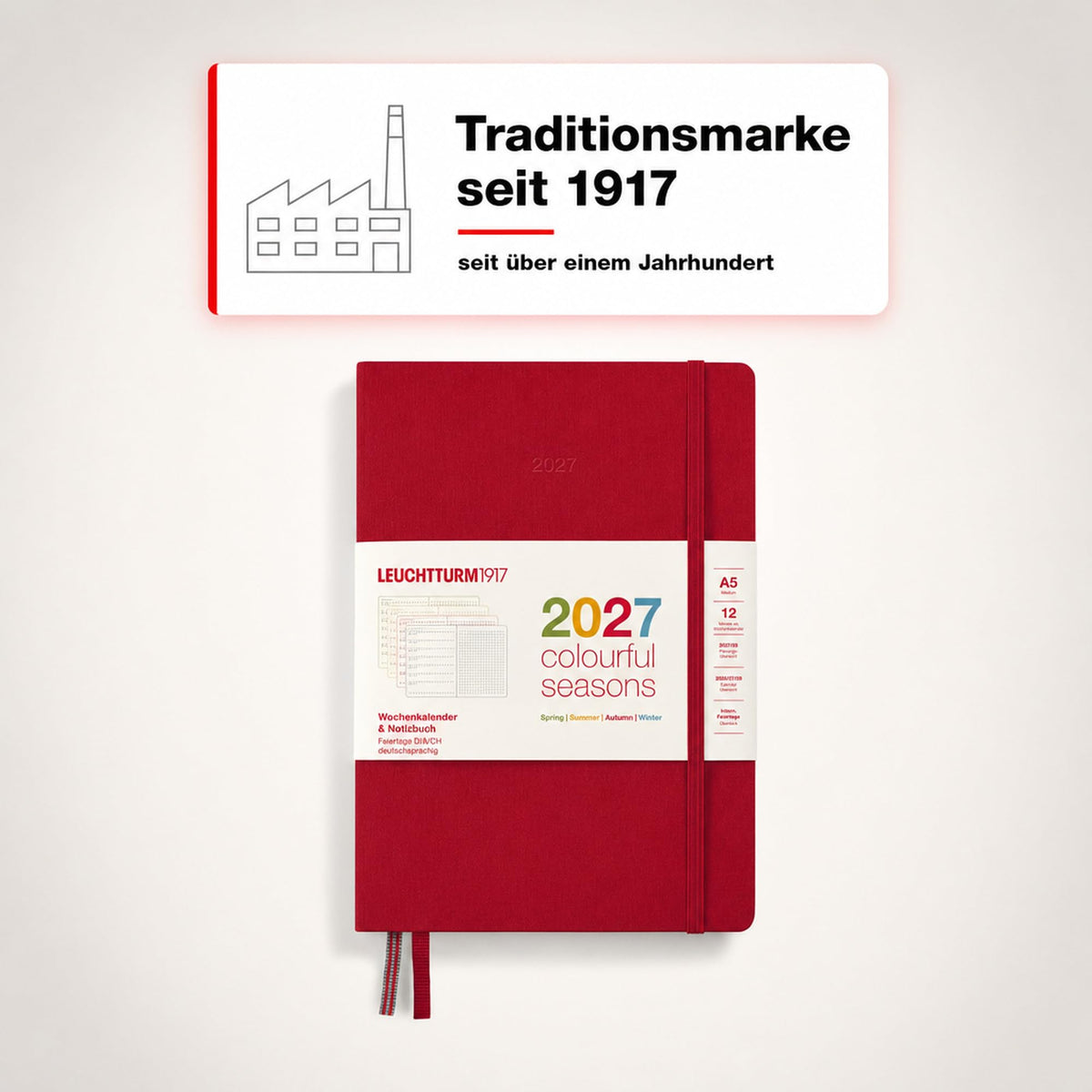 LEUCHTTURM1917 Calendar săptămânal și caiet cu punct mediu (A5) 2027, anotimpuri colorate roșu, germană, cartonată, prezentare generală a calendarului 2026/2027/2028, prezentare generală a planificării 01.27-12.28, planificator de proiect, buzunar