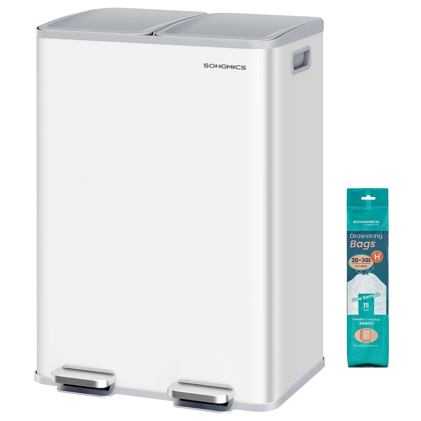 SONGMICS kitchen trash can, 2 x 30 liters, 2 compartments, trash can, pedal trash can, kitchen trash can with soft close lid and inner bucket, steel, including 15 trash bags, matt white LTB741W02