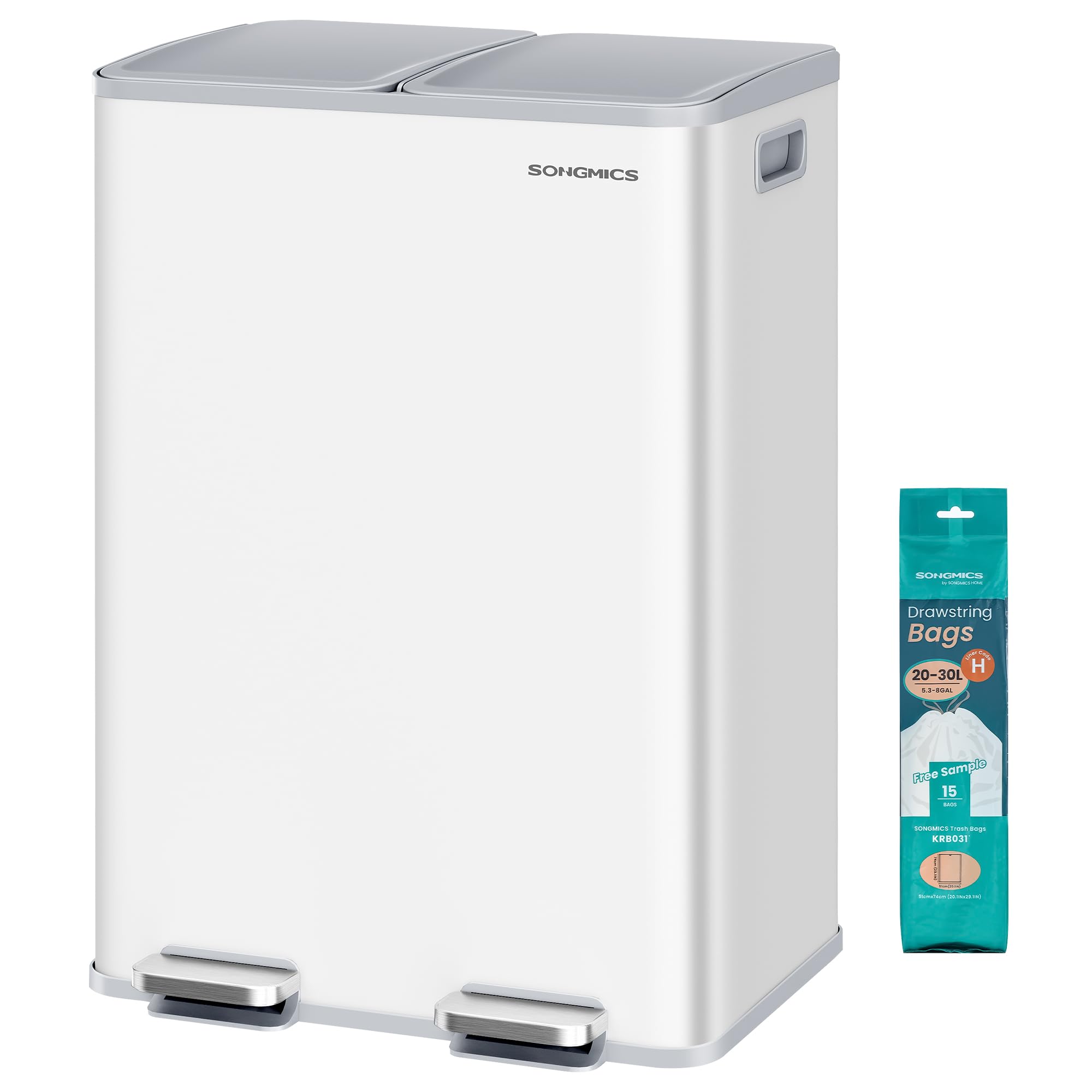 SONGMICS kitchen trash can, 2 x 30 liters, 2 compartments, trash can, pedal trash can, kitchen trash can with soft close lid and inner bucket, steel, including 15 trash bags, matt white LTB741W02