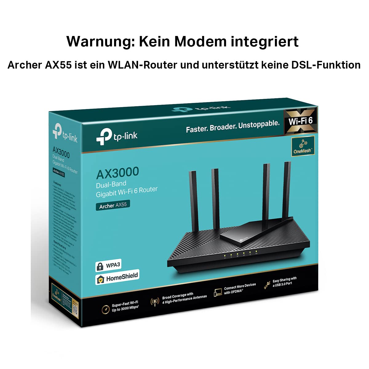 TP-Link Archer AX55 Wi-Fi 6 WLAN router, 2402 Mbit/s 5 GHz, 574 Mbit/s 2.4 GHz, 4 × Gigabit LAN ports, 1 × USB 3.0 port, does not support DSL function