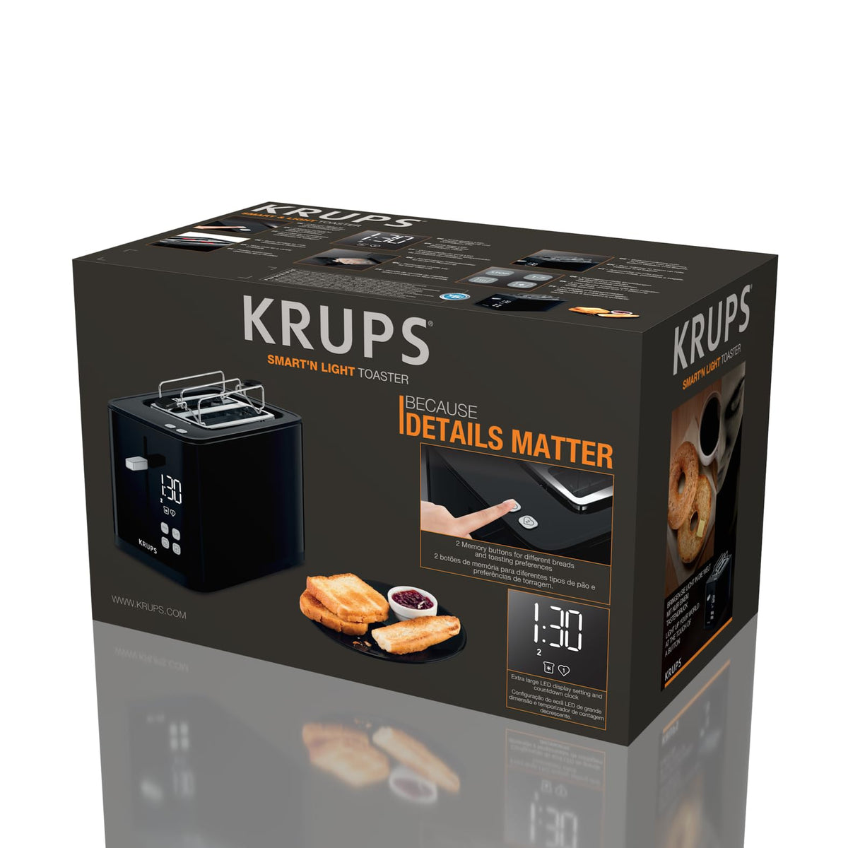 Krups KH641810 Smart'n Light Toaster, toaster cu două felii, display digital, 7 niveluri de rumenire, sertar pentru firimituri detașabil, cronometru, dispozitiv de ridicare, negru