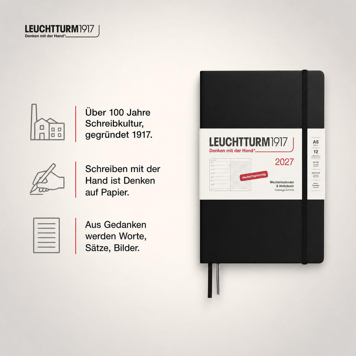 LEUCHTTURM1917 Calendar săptămânal 2027 punctat mediu (A5) cu caiet - Planificator de întâlniri german, negru, ianuarie-decembrie 2027, prezentare generală săptămânală în stânga + pagină cu note în dreapta - 400090
