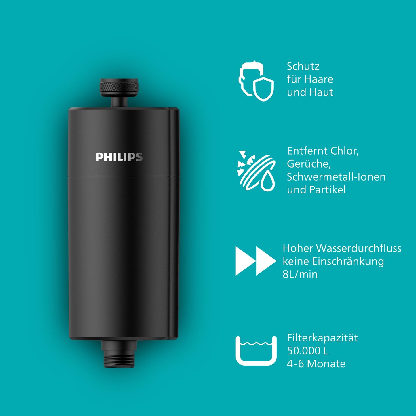 Philips Water Water Inline Shower Filter, 50 000.L filter capacity, BLACK, reduces chlorine by up to 99%, fits all standard hoses and fittings - AWP1775BK/10