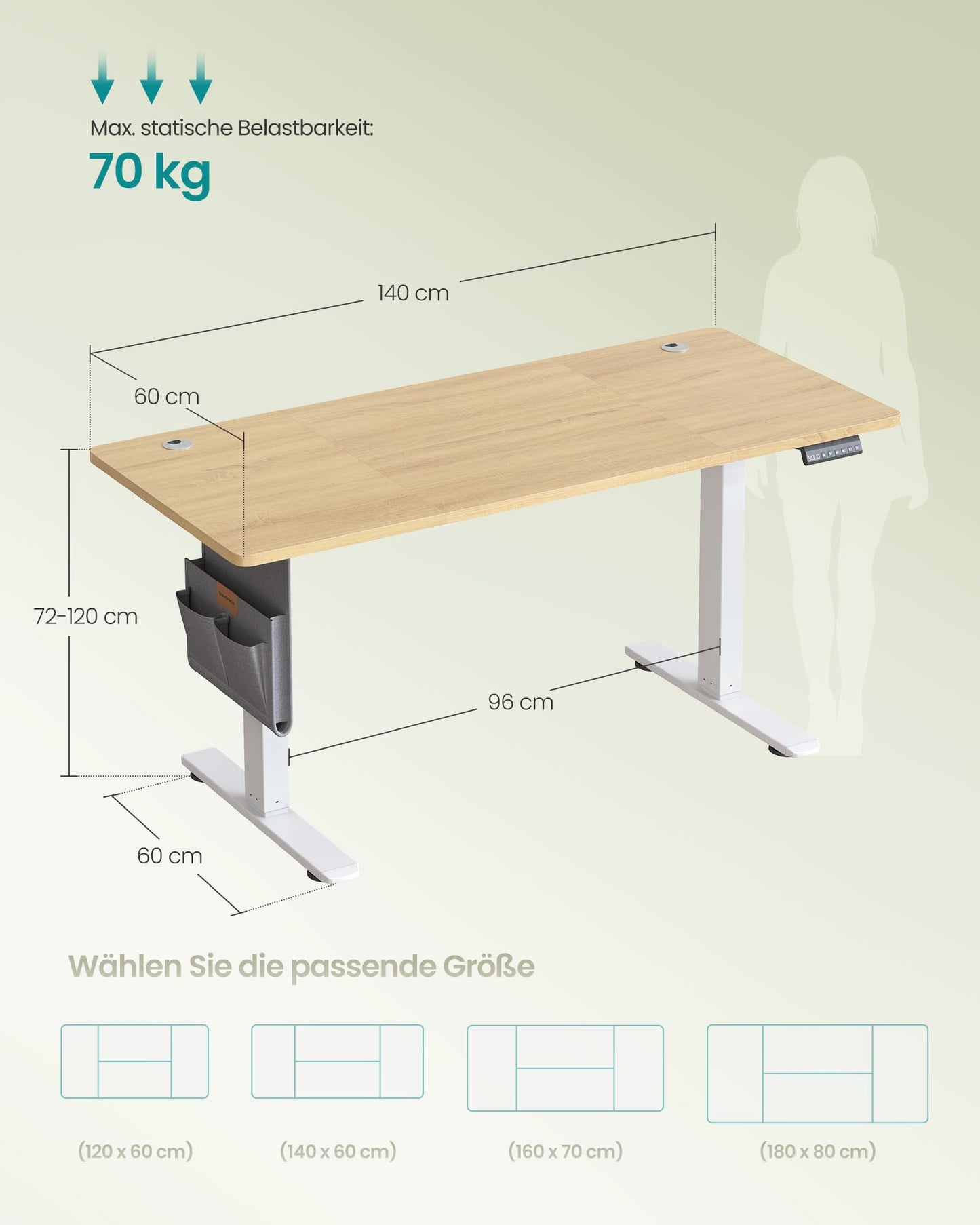 SONGMICS Electric height-adjustable desk, 140 x 60 cm, memory function with 4 heights, USB-C port, golden oak color LSD134YA01 - LSD026X01