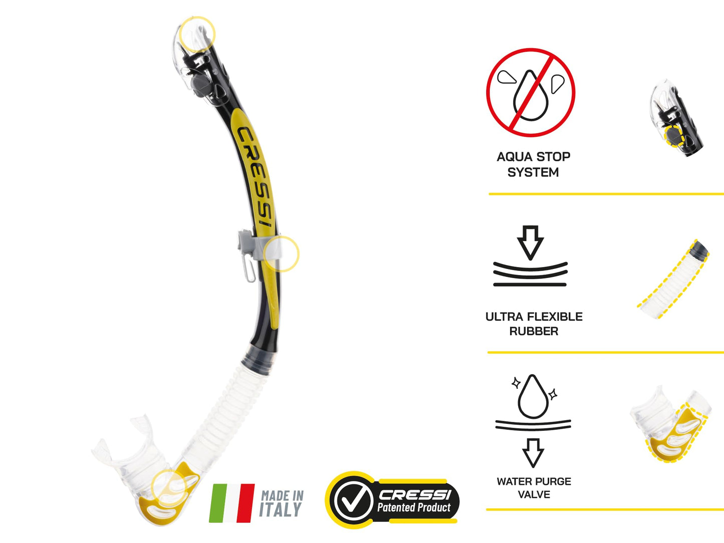 Cressi Alpha Ultra Dry Snorkel Transparent/Black/Yellow - Dry Snorkel for Diving Freediving and Snorkeling, Transparent/Black/Silver, One Size Unisex - ES258051