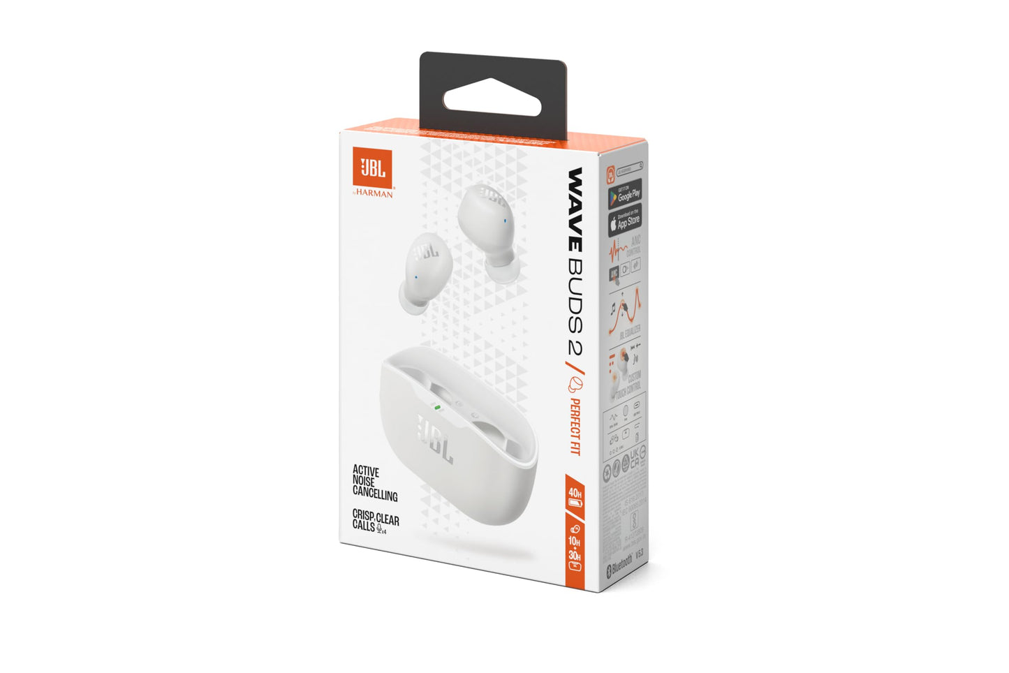 JBL Wave Buds 2, wireless Bluetooth in-ear headphones with noise canceling, 40 h playback, JBL Pure Bass Sound, Smart Ambient technology, IP54 water and dustproof, multipoint connection, white - JBLWBUDS2WHT