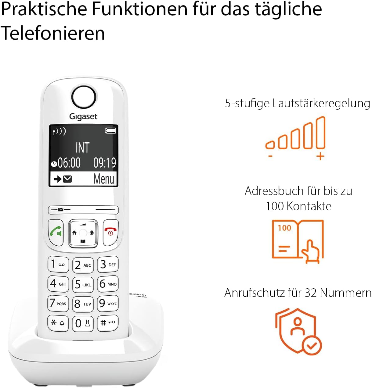Gigaset AS690 - Cordless DECT telephone - large, high-contrast display - brilliant audio quality - adjustable sound profiles, hands-free function - call protection, white [German version] - AS690,