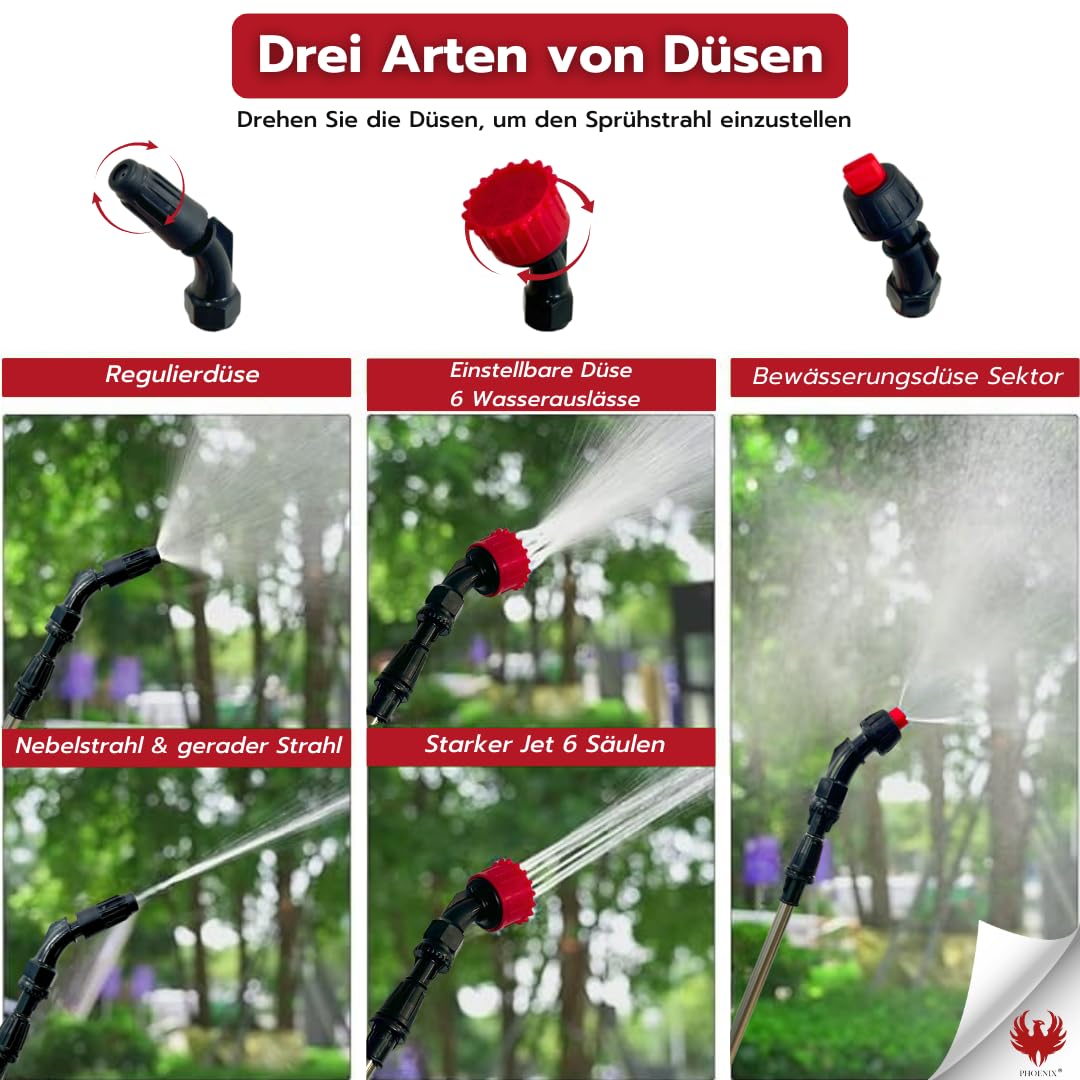 Phoenix - pressure sprayer 5 liter Easy Sprayer - garden sprayer with rechargeable battery with 3 hours of battery life, sprayer with THREE nozzles (cone, fan, shower jet), light, robust
