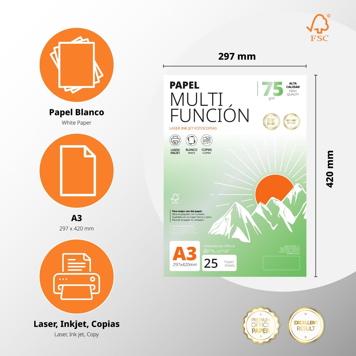 A3 Paper 75g 400 Sheets, Multifunctional Paper for Printers, Paper for Projects, Illustration, Lettering, Professional Creative Projects, A3 Office Paper, School Supplies - Ofituria (75g, 400 Sheets) - COM0574