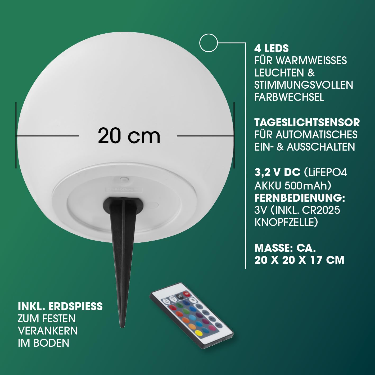EASYmaxx LED solar light ball 20 cm | 2 x solar lights - atmospheric color change, beautiful lighting effects indoors and outdoors Solar light including remote control | Solar light LED + 5 light modes - 19698