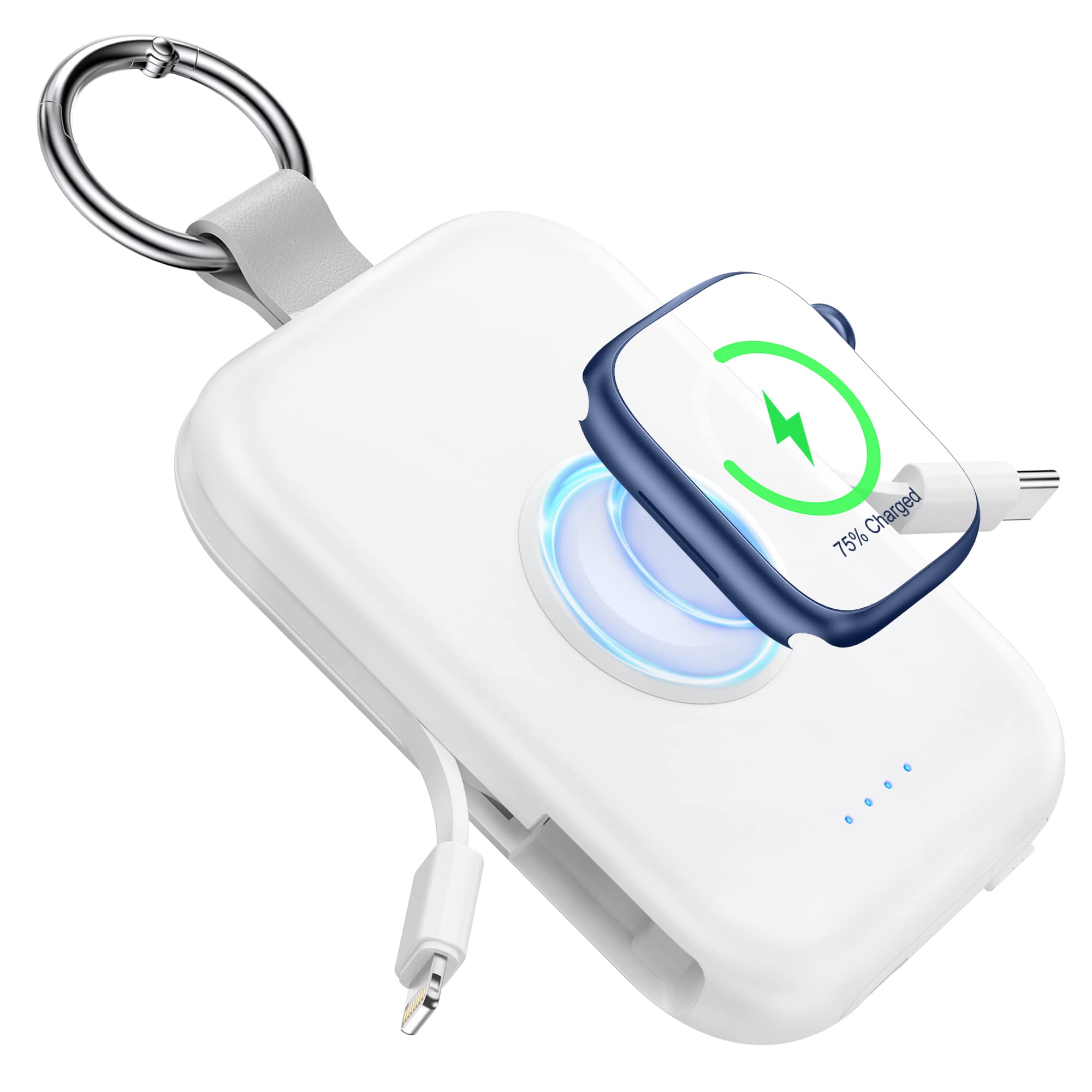 RORRY Power Bank, 5000mAh Power Bank with Integrated Cable, Travel Portable Charger Key Ring External Mobile Phone Batteries for iPhone 17/16/15/14/13/12, Apple Watch Ultra/11/10/9/8/7/6/SE, White - D2