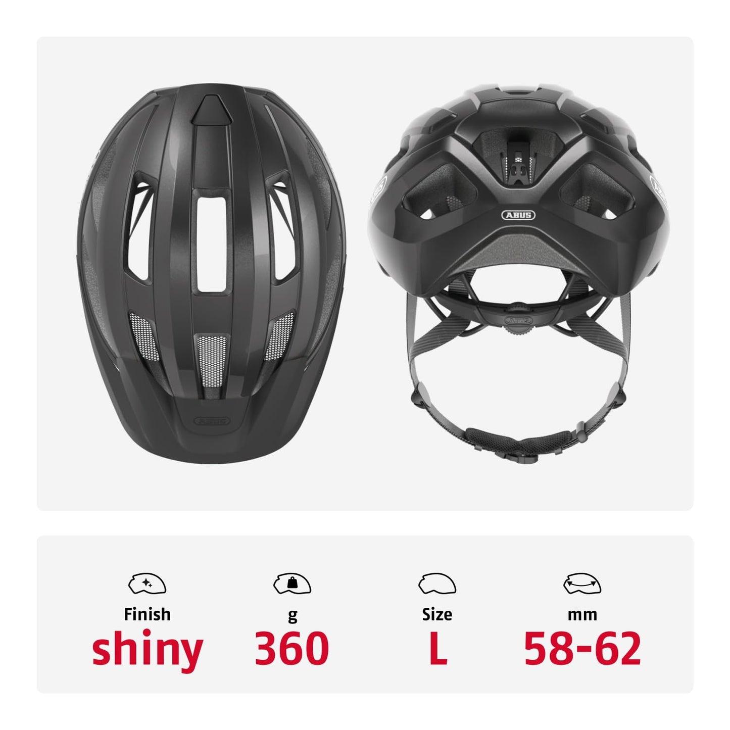 ABUS road bike helmet Macator - sporty bike helmet for beginners - also for pigtail wearers - for men and women - titanium (glossy gray), size L - 87217