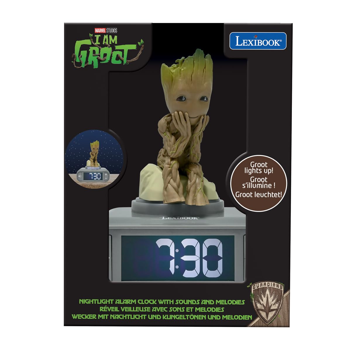 Lexibook, Marvel Guardians of the Galaxy, Groot Night Light Alarm Clock, Sounds and Melodies, Backlit LCD Screen, Illuminated, Snooze, Grey/Brown, RL800GG