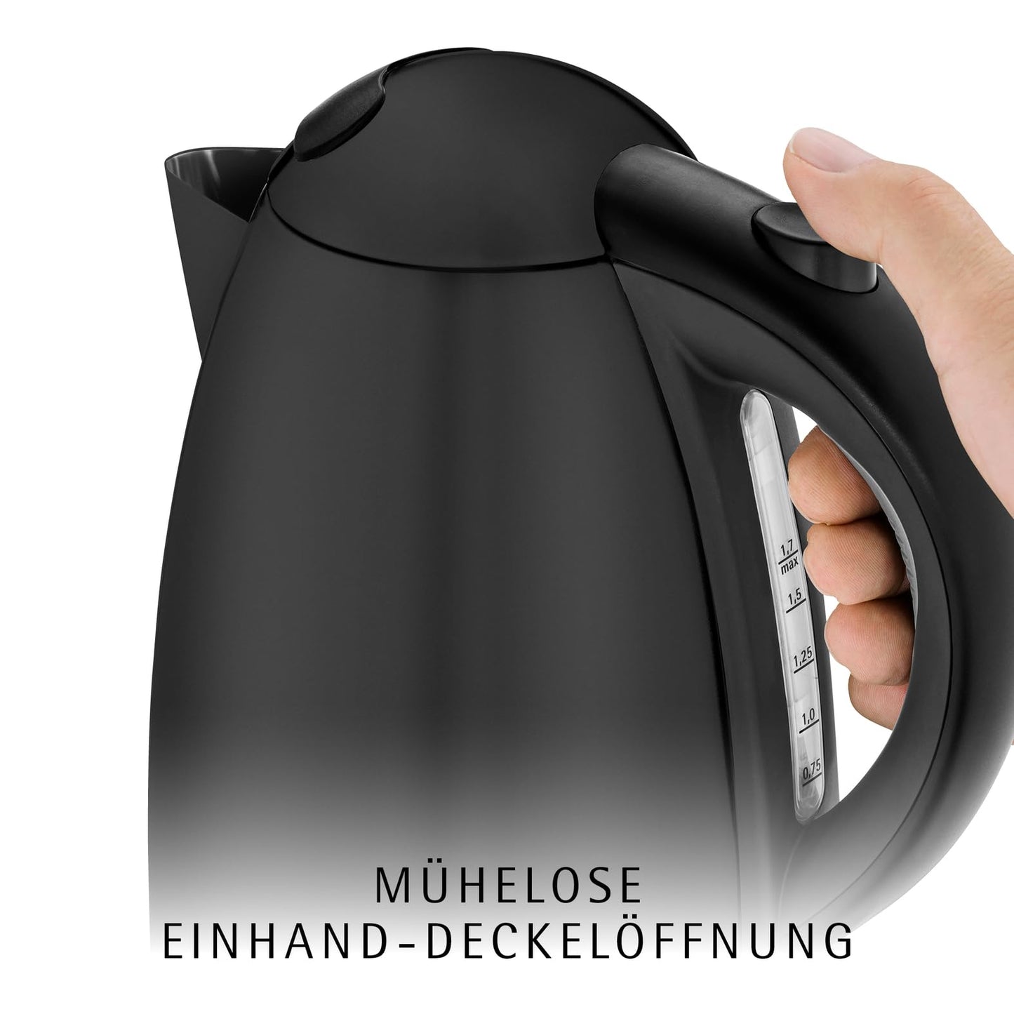 WMF Stelio kettle stainless steel 1.7L, electric kettle with limescale filter, 2400 W, illuminated water level indicator, matt black stainless steel - 413020072