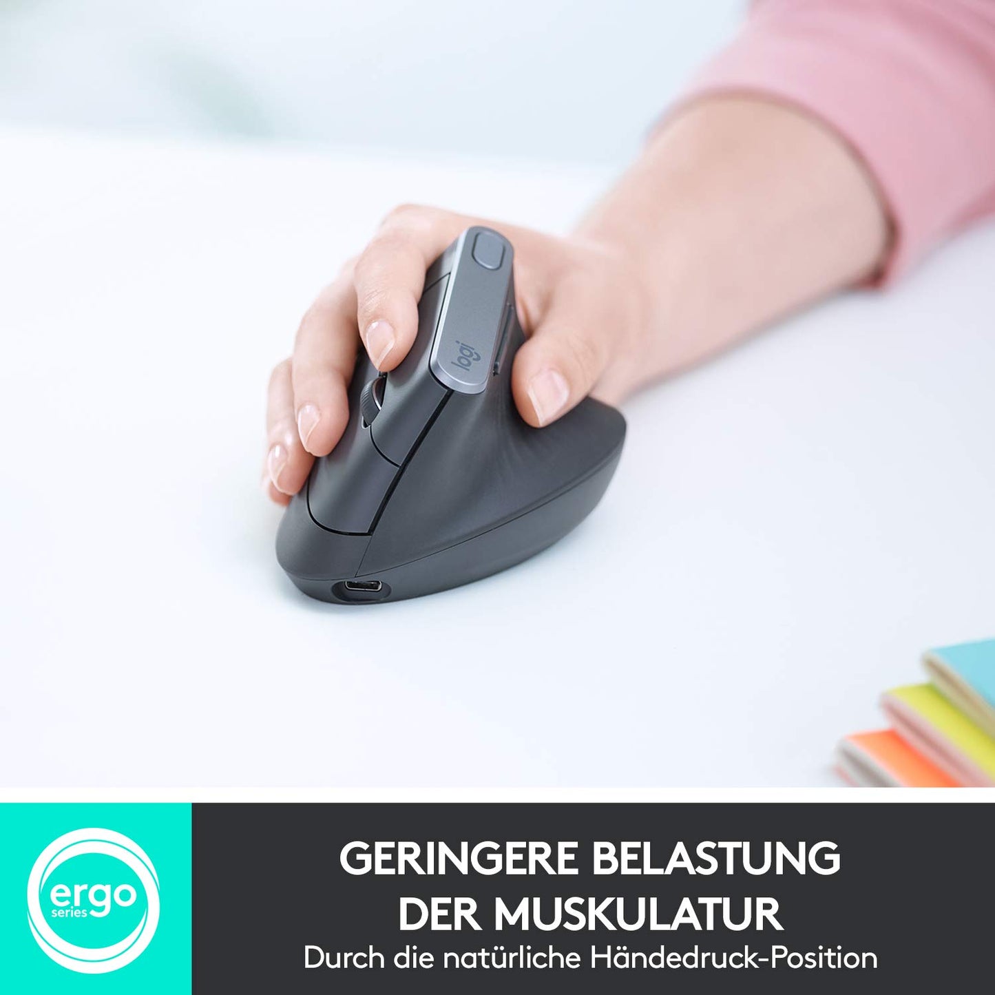 Logitech MX Vertical, ergonomic wireless mouse, Bluetooth and 2.4 GHz connection via Unifying USB receiver, 4000 DPI sensor, rechargeable battery, 4 buttons, multi-device, PC/Mac/iPadOS - graphite - 910-005448