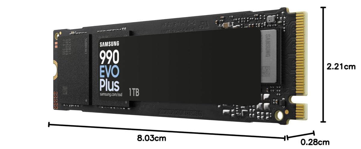 Samsung 990 EVO Plus NVMe M.2 SSD 1 TB, PCIe 4.0 x4 / PCIe 5.0 x2, NVMe 2.0 (2280), 7,150 MB/s read, 6,300 MB/s write, internal SSD for gaming and graphic editing, MZ-V9S1T0BW