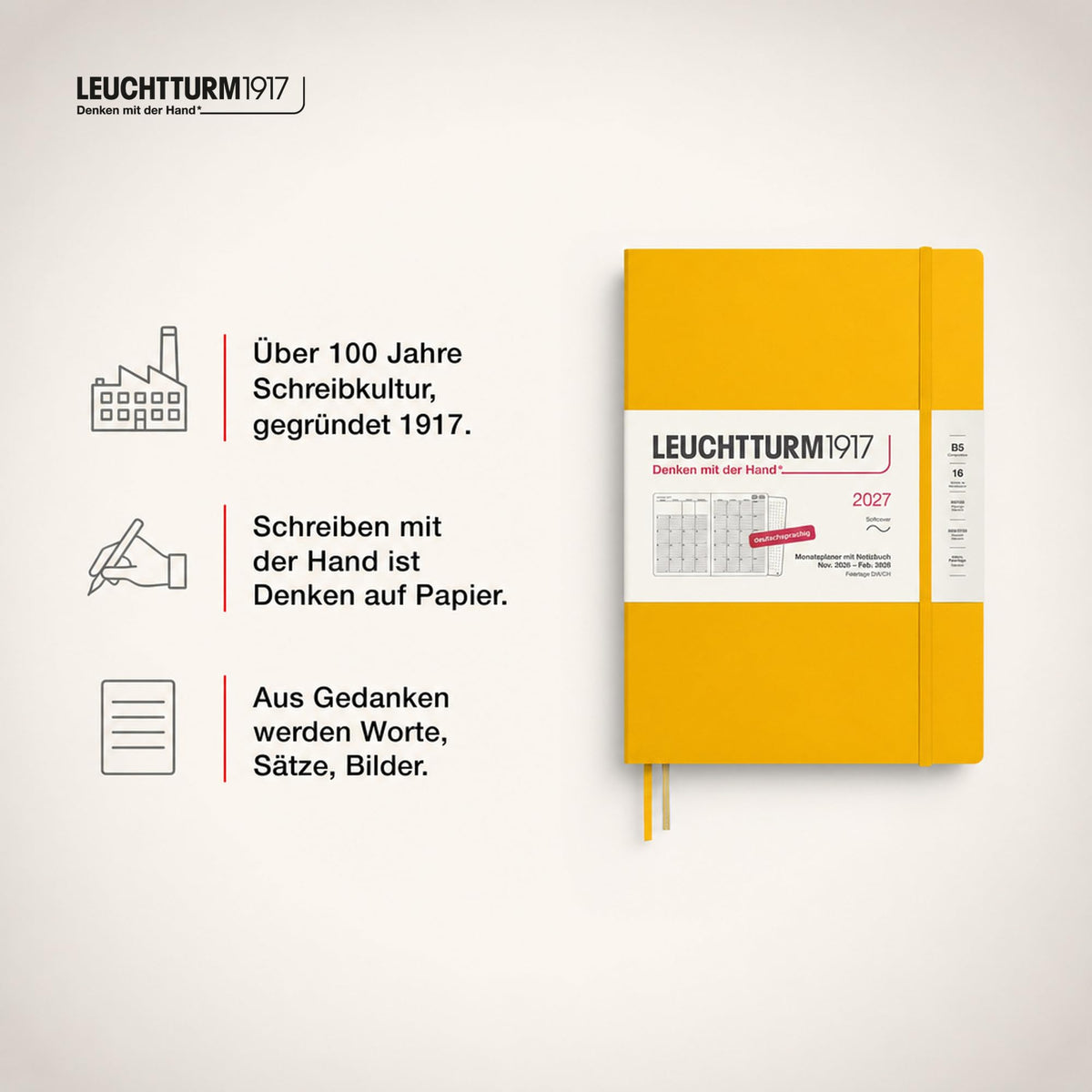 LEUCHTTURM1917 planificator lunar cu caiet 2027 Compoziție (B5) - germană, floarea soarelui, copertă moale, 178 x 254 mm, 16 luni (01.11.2026-28.02.2028), 132 pagini de note punctate cu cuprins - 400172