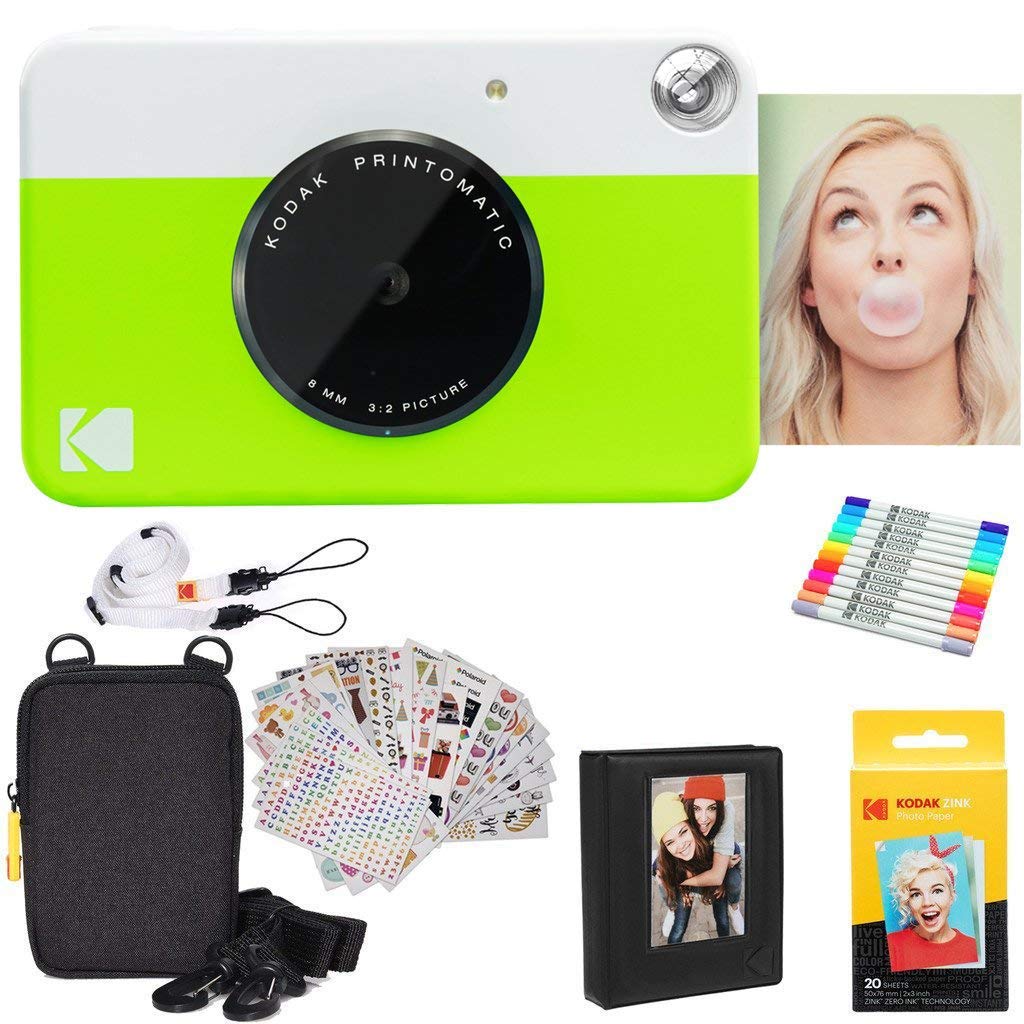 KODAK Printomatic Instant Camera (Green) Gift Package + Zinc Paper (20 Sheets) + Case + 7 Sticker Sets + Markers + Photo Album - AMZRODOMATICK3GN