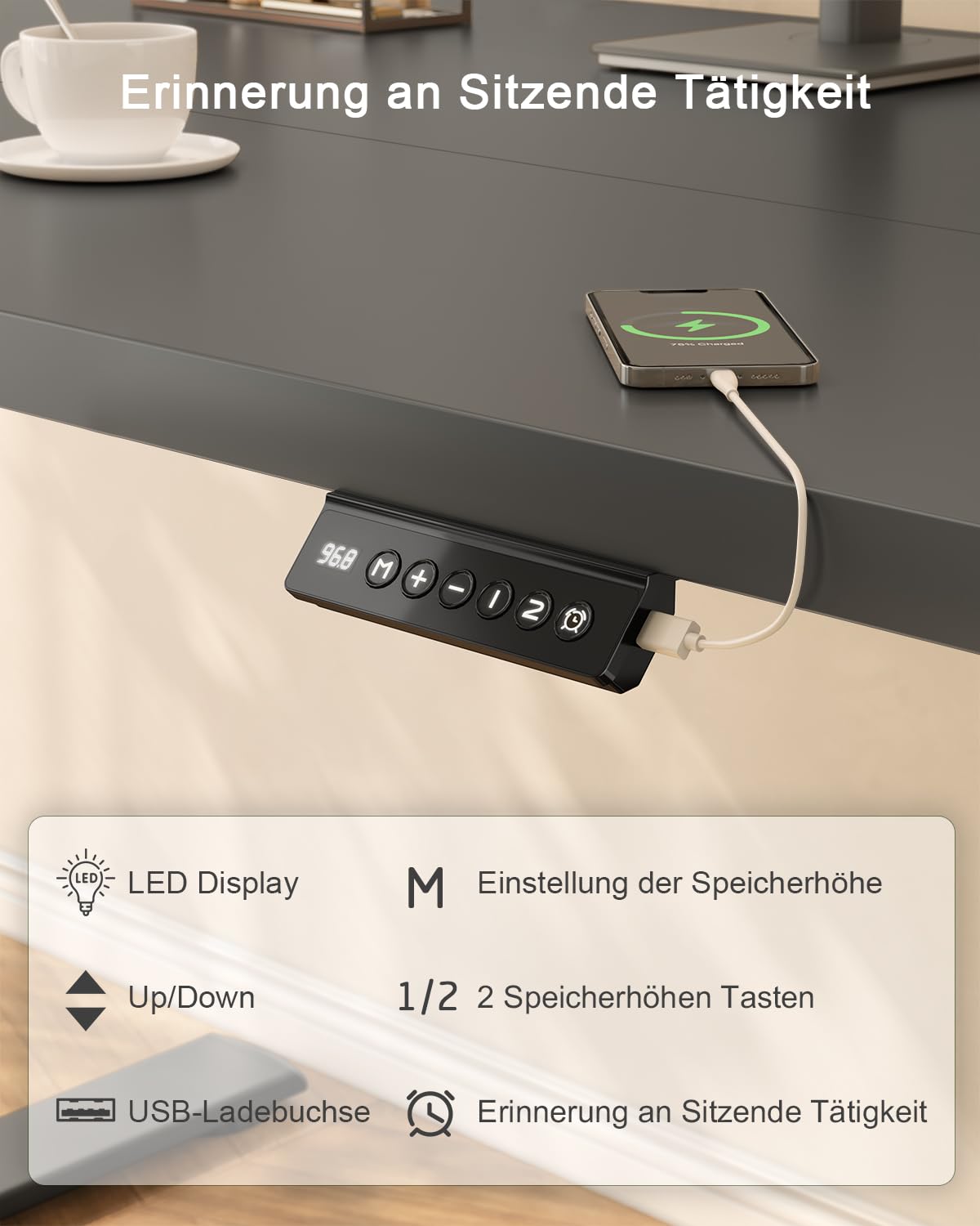 JUMMICO Birou reglabil pe înălțime cu port de încărcare USB, birou electric reglabil pe înălțime 80 x 60 cm, masă stand-sit, birou în picioare, masă de calculator reglabilă, birou în picioare, negru - 0403