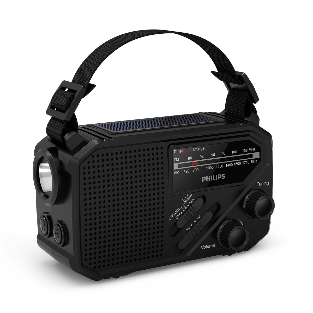 Philips TAR1659 Radio portabil FM/AM cu acumulator reîncărcabil integrat, baterie AAA și manivelă de urgență, energie solară, lumină LED integrată și lanternă pentru camping, drumeții și întreruperi de curent. - TAR1659/00