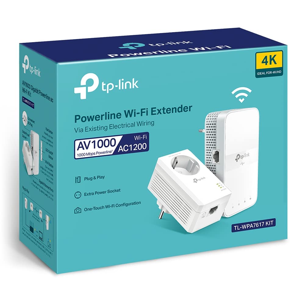 TP-Link WLAN Powerline Adapter Set TL-WPA7617 KIT (dual-band WLAN 1200 Mbit/s, AV1000 Powerline, WiFi Clone, MU-MIMO, 2 Gigabit ports, Plug&Play, ideal for HD streaming, app control) white - TL-WPA7617KIT