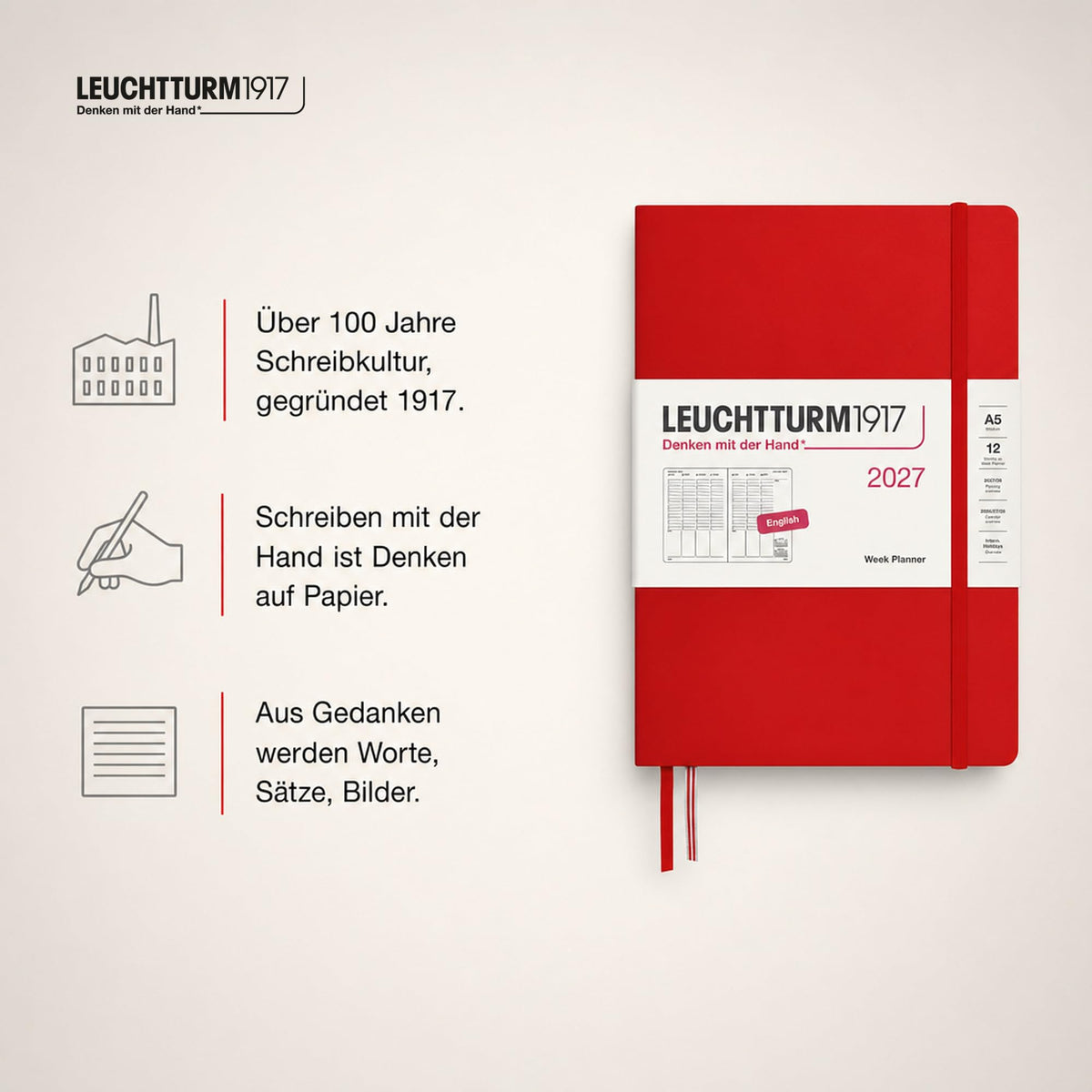 LEUCHTTURM1917 Planificator săptămânal 2027 Mediu (A5) - engleză, cireș, 210 x 145 mm, ianuarie-decembrie (12 luni), prezentare generală săptămânală cu grilă orară 7:00-22:00 per coloană, copertă cartonată, hârtie de 80 g/m² - 400314