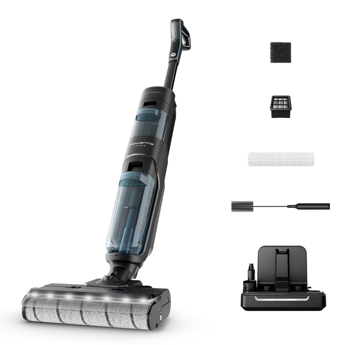 Rowenta X-Clean 5 cordless vacuum cleaner, self-cleaning, only 1.1 kg in hand, voice assistance, LED display, 170 watts, 50 min runtime, Black/Blue, GZ5555EE
