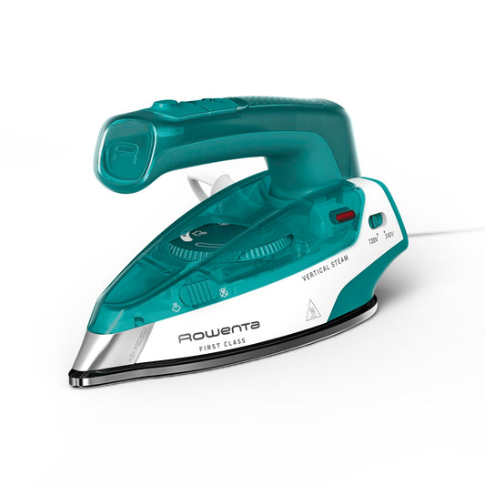 Fier de călcat cu aburi Rowenta First Class, format de călătorie pliabil, 45 g/min. impuls de aburi suplimentar, compact, ușor, încălzire rapidă, abur vertical, 1000 Watt, Alb/Petrol, DA1610E0