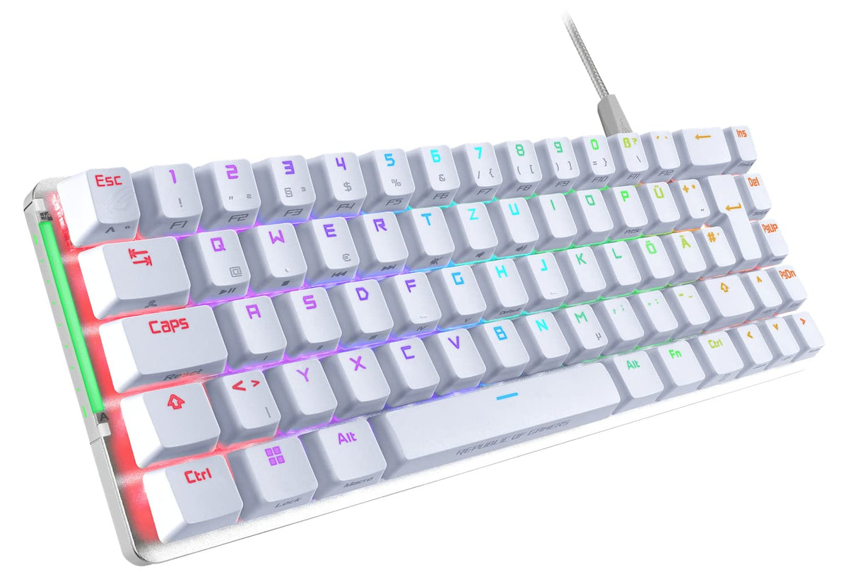 ASUS ROG Falchion Ace WHT RGB Gaming Keyboard (German Layout, 65% Form Factor, Touch Panel, Mechanical ROG NX Red Switches, 2X USB-C Ports, Ergonomic, Aura Sync, Keyboard Cover, White) - 90MP0346-BKDA11