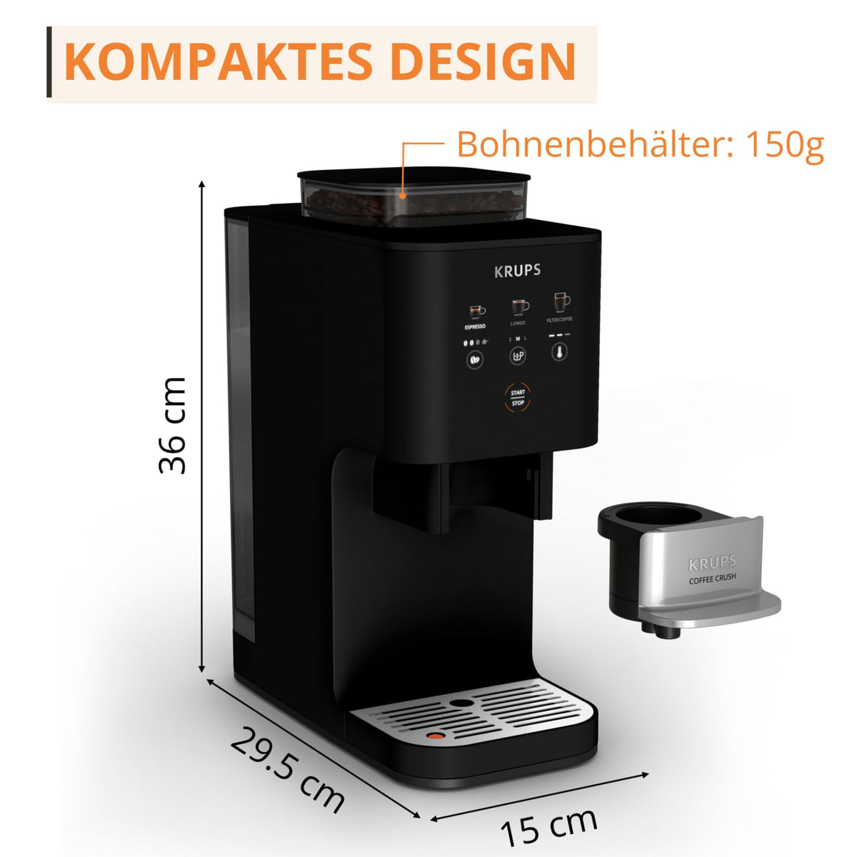 KRUPS Coffee Crush Extra aparat de cafea complet, doar 15 cm lățime, Negru - SA4028E0