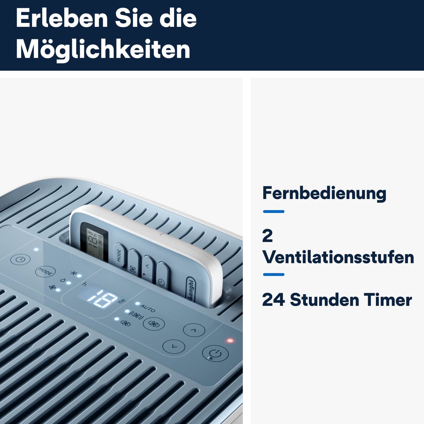 De'Longhi Pinguino - Mobile air conditioning unit, for rooms up to 21.5 m²fan, 8300 BTU, quiet operation, remote control, 24h timer, energy efficiency class A