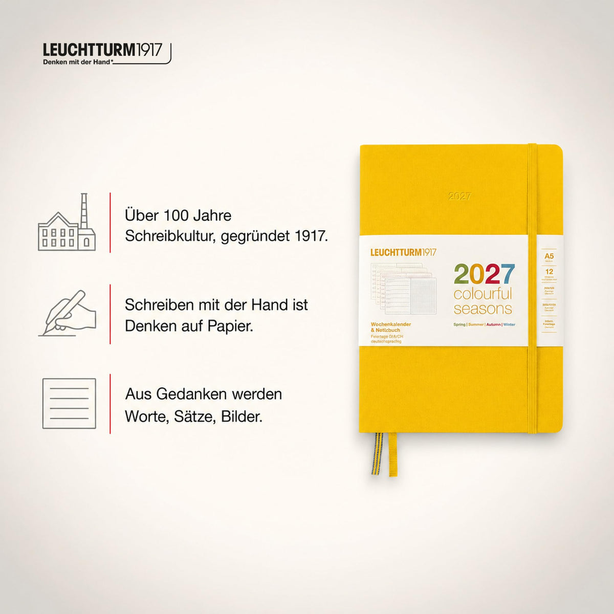 LEUCHTTURM1917 Weekly Calendar & Notebook Dotted Medium (A5) 2027, Colorful SeasonsYellow, German, Hardcover, Calendar Overview 2026/2027/2028, Planning Overview 01.27-12.28, Project Planner, Folding Pocket - 400199