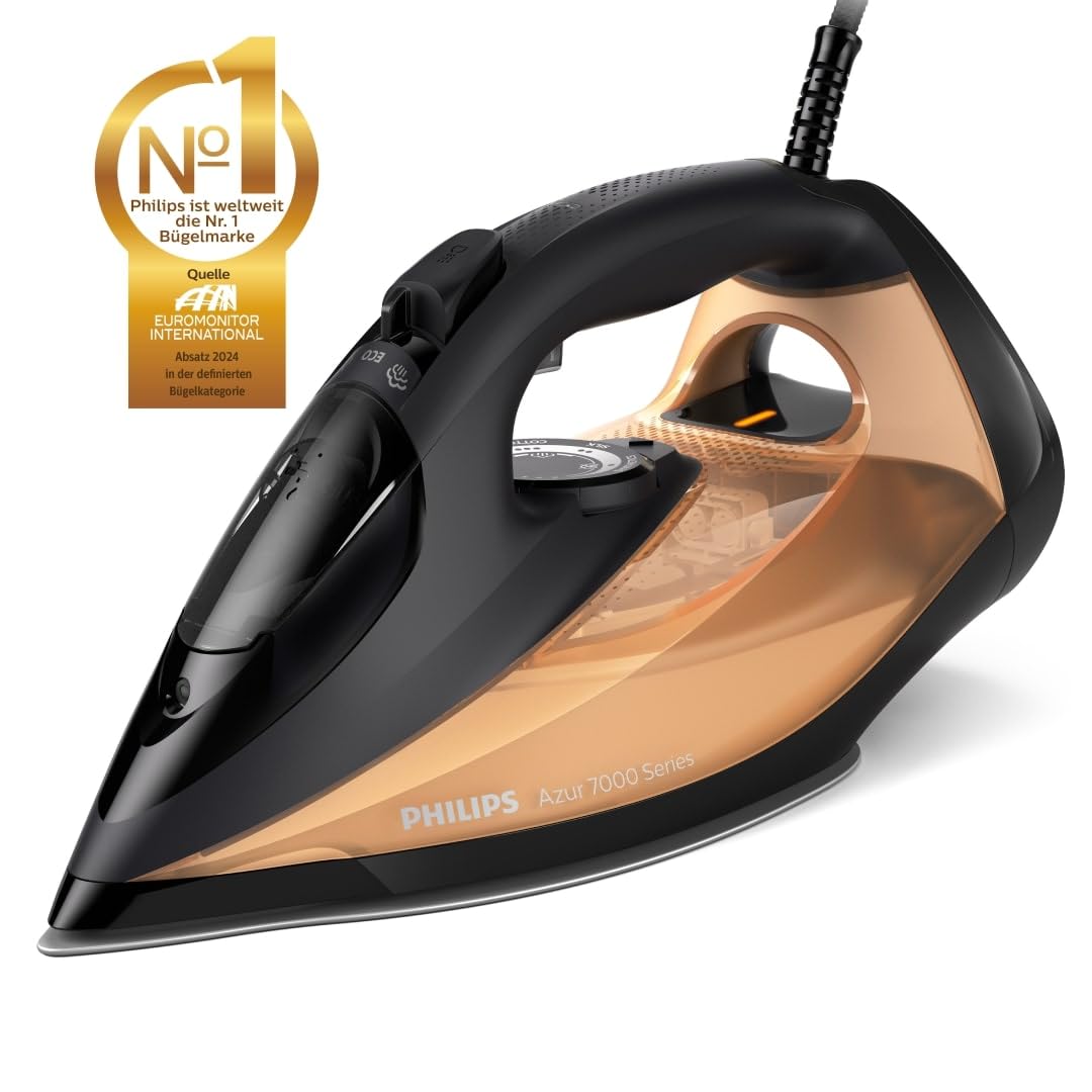 Philips 7000 Series steam iron, constant steam output of 50 g/min, steam boost of 250 g, SteamGlide Elite soleplate, automatic safety switch-off (DST7040/80)