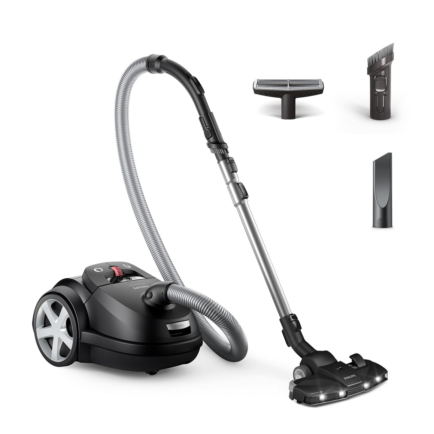 PHILIPS 8000-Series Bag Vacuum Cleaner Performer LED - 900 W Motor, TriActive+ LED Nozzle, HEPA, 12 m, Durable Bags, Deep Black (XD8122/10)