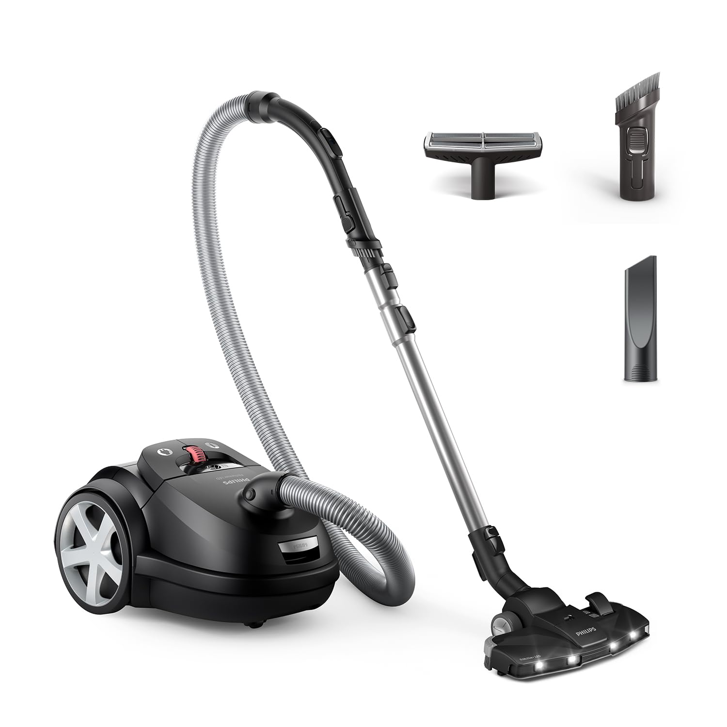 PHILIPS 8000-Series Bag Vacuum Cleaner Performer LED - 900 W Motor, TriActive+ LED Nozzle, HEPA, 12 m, Durable Bags, Deep Black (XD8122/10)