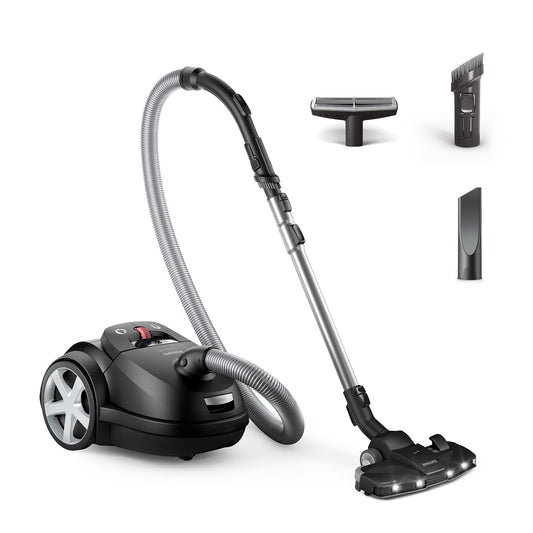PHILIPS 8000-Series Bag Vacuum Cleaner Performer LED - 900 W Motor, TriActive+ LED Nozzle, HEPA, 12 m, Durable Bags, Deep Black (XD8122/10)