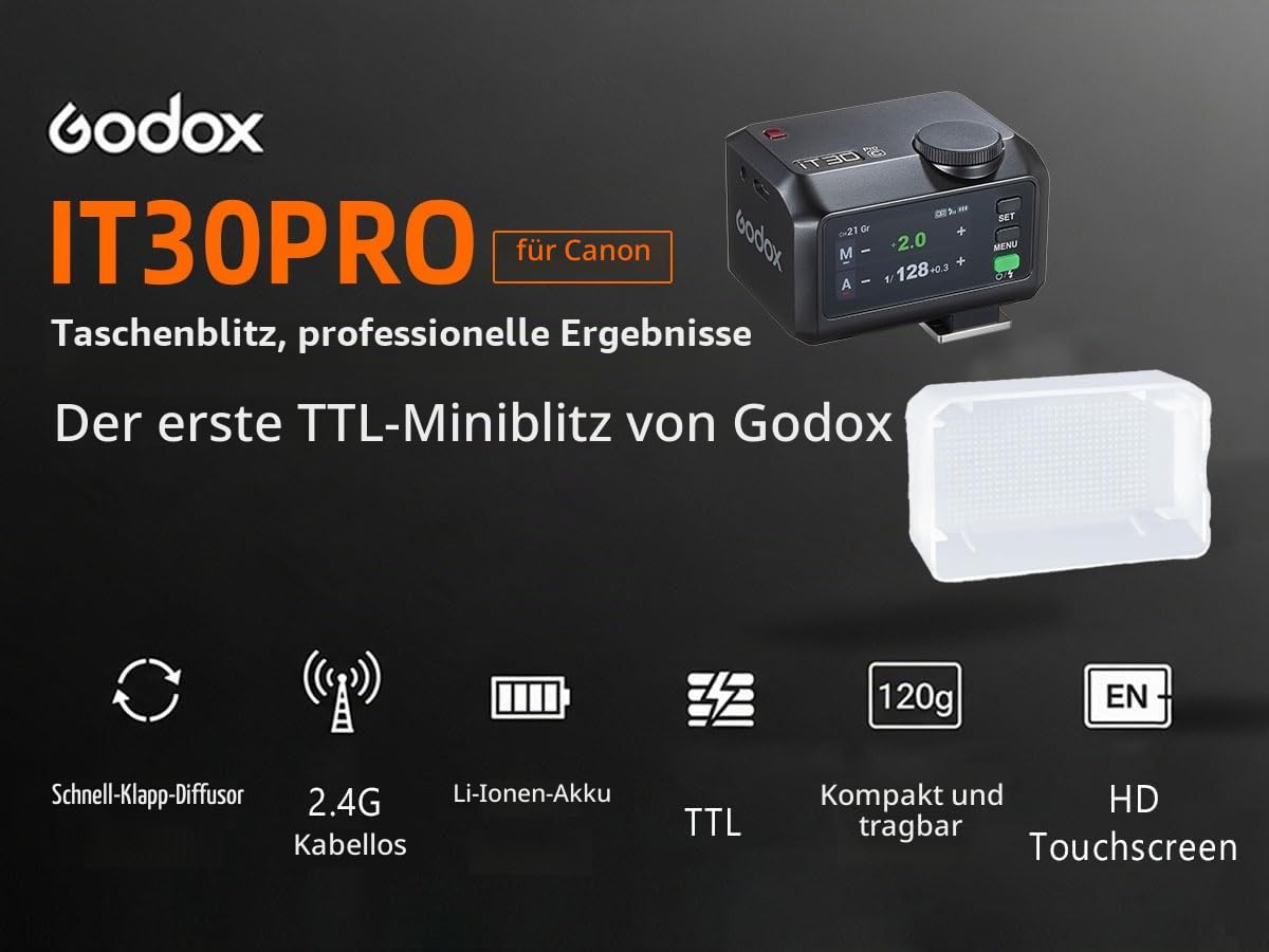 GODOX IT30PRO C camera flash with diffuser, IT30 PRO C mini flash units, TTL HSS 1/8000s flash, compatible with Canon EOS R RP R5 R6 R7 R8 R5 Mark II R6 Mark II 90D 750D M50 M3 - IT30PROC