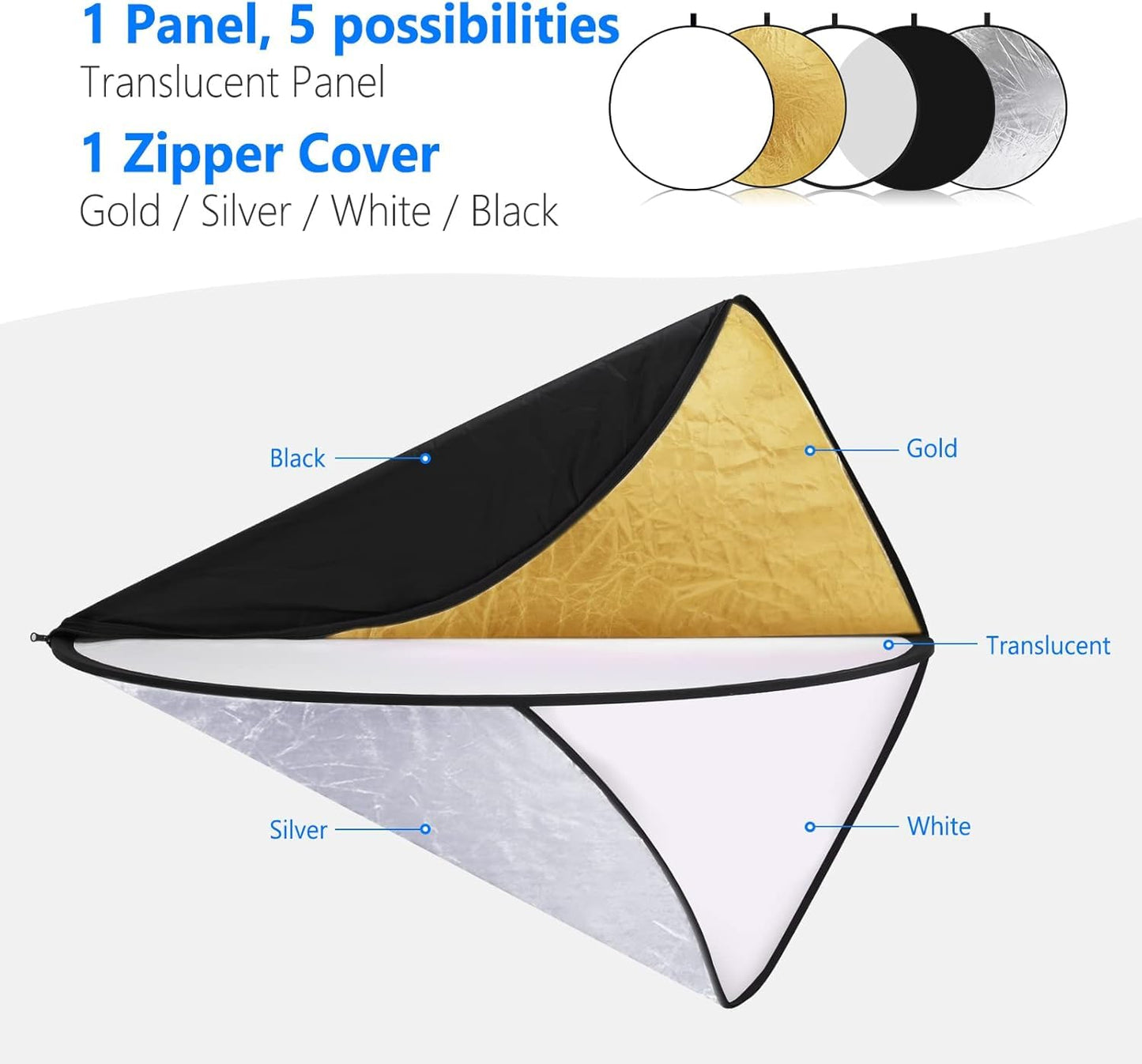 NEEWER 110cm Light Reflector Diffuser 5 in 1 Foldable Multi Disc with Bag - Translucent, Silver, Gold, White and Black, Photo Reflector for Outdoor Studio Photography Lighting, RF-110 - 10000076