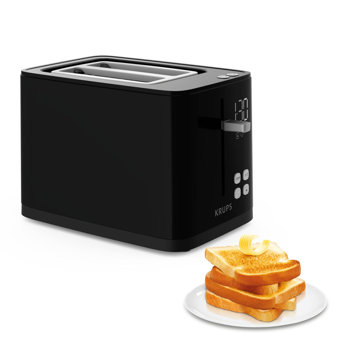 Krups KH641810 Smart'n Light Toaster, toaster cu două felii, display digital, 7 niveluri de rumenire, sertar pentru firimituri detașabil, cronometru, dispozitiv de ridicare, negru