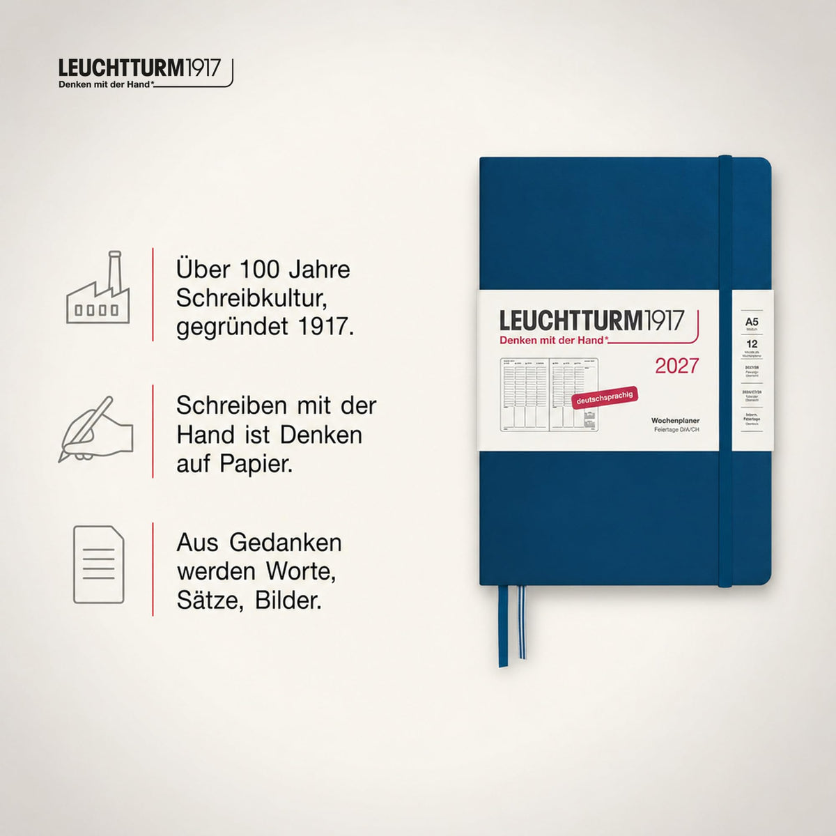 LEUCHTTURM1917 Planificator săptămânal 2027 Medium (A5) - Germană, Indigo, 210 x 145 mm, ianuarie-decembrie (12 luni), prezentare generală săptămânală cu grilă orară 7:00-22:00 per coloană, copertă cartonată, hârtie de 80 g/m² - 400151
