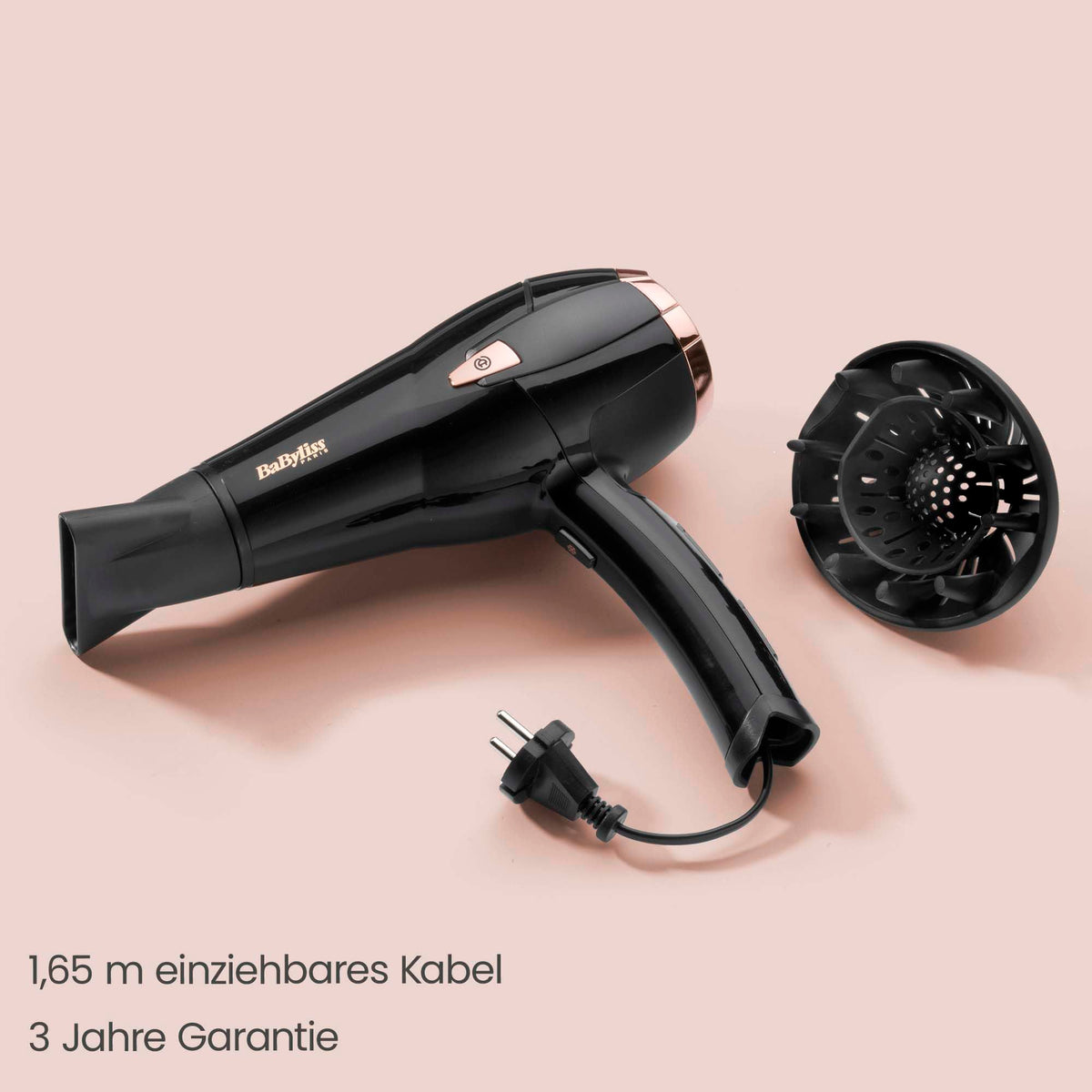 BaByliss Hair Dryer Cordkeeper – Powerful 2000W hairdryer with a unique 1.65m cord retraction, ion technology with anti-frizz, 3 heat settings & 2 speed settings, Black, D373E
