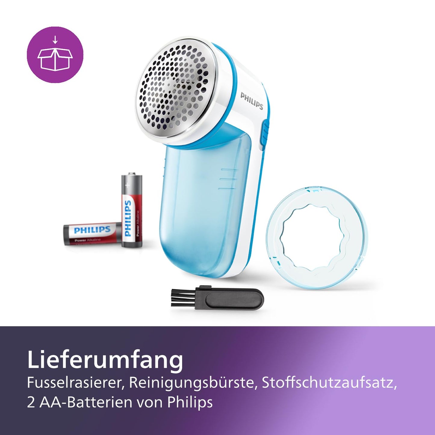 Philips lint shaver - lint remover for clothing, suitable for all textiles, 2 height settings, battery operated (2x AA batteries included), blue (GC026/00)