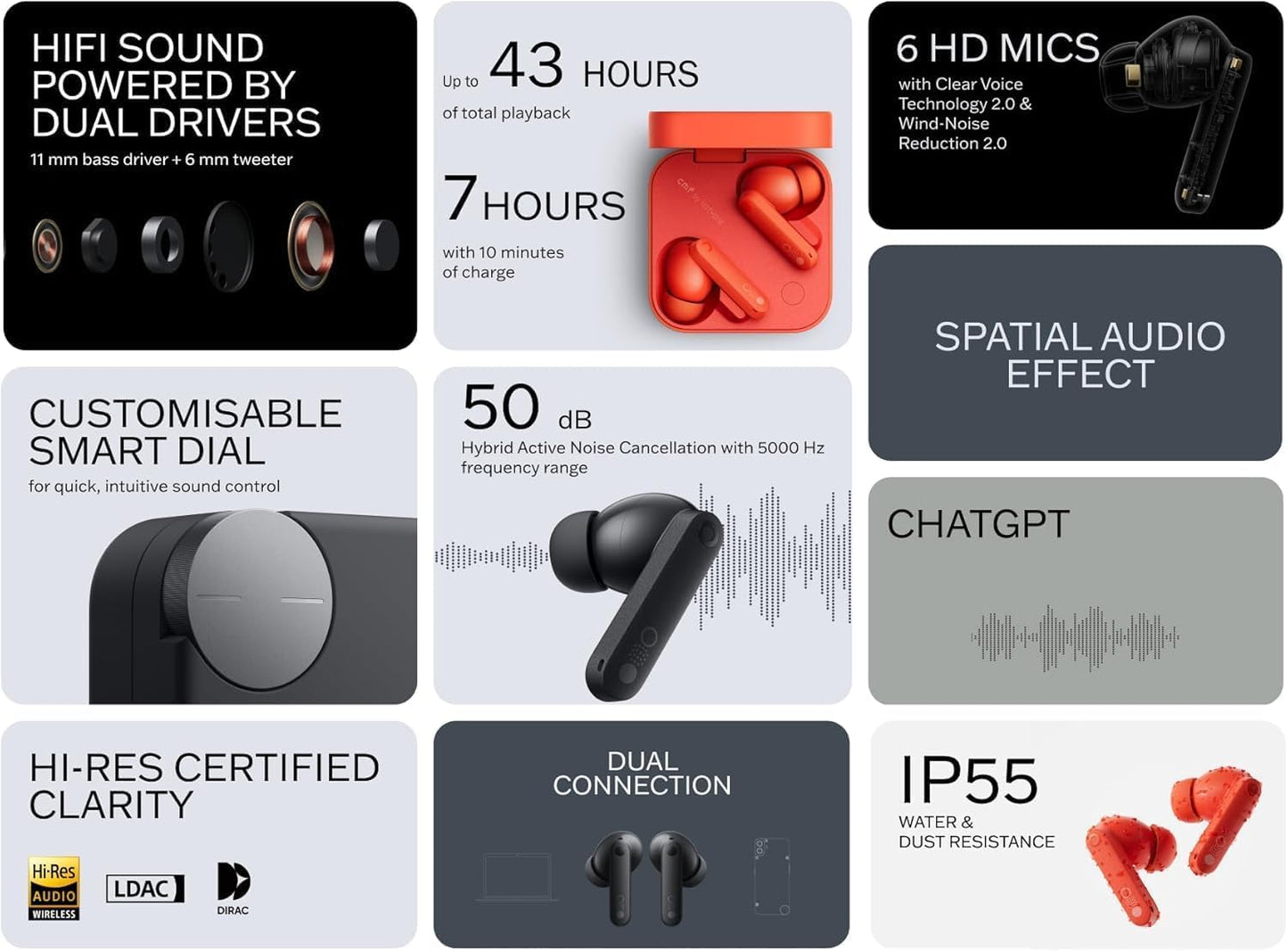 CMF by Nothing Buds Pro 2 - Wireless Earbuds with HiFi Sound, 50 dB Intelligent Active Noise Cancellation, 6 HD Microphones and Spatial Audio Effect, 2025 - Orange - B187