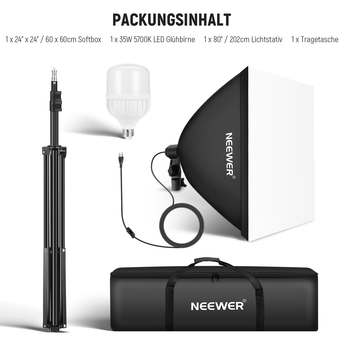 NEEWER 350 W Equivalent Softbox Lighting Set, 5700 K LED Light Bulb, 24 x 24 Inch Photo Studio Soft Box with E27 Socket, Photography Continuous Lighting Set, Photo Studio Equipment, NK300 - 10103989