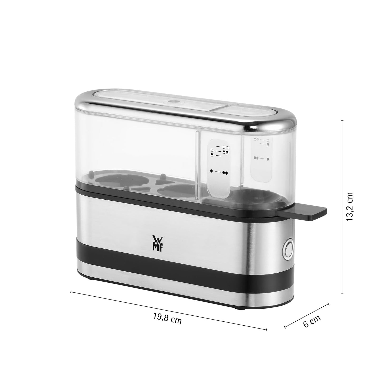 WMF Küchenminis egg cooker made of Cromargan, cooks 1-2 eggs optimally soft, medium or hard, easy setting for optimal results, 250 W, measuring cup, egg pick, space-saving design - 415020011