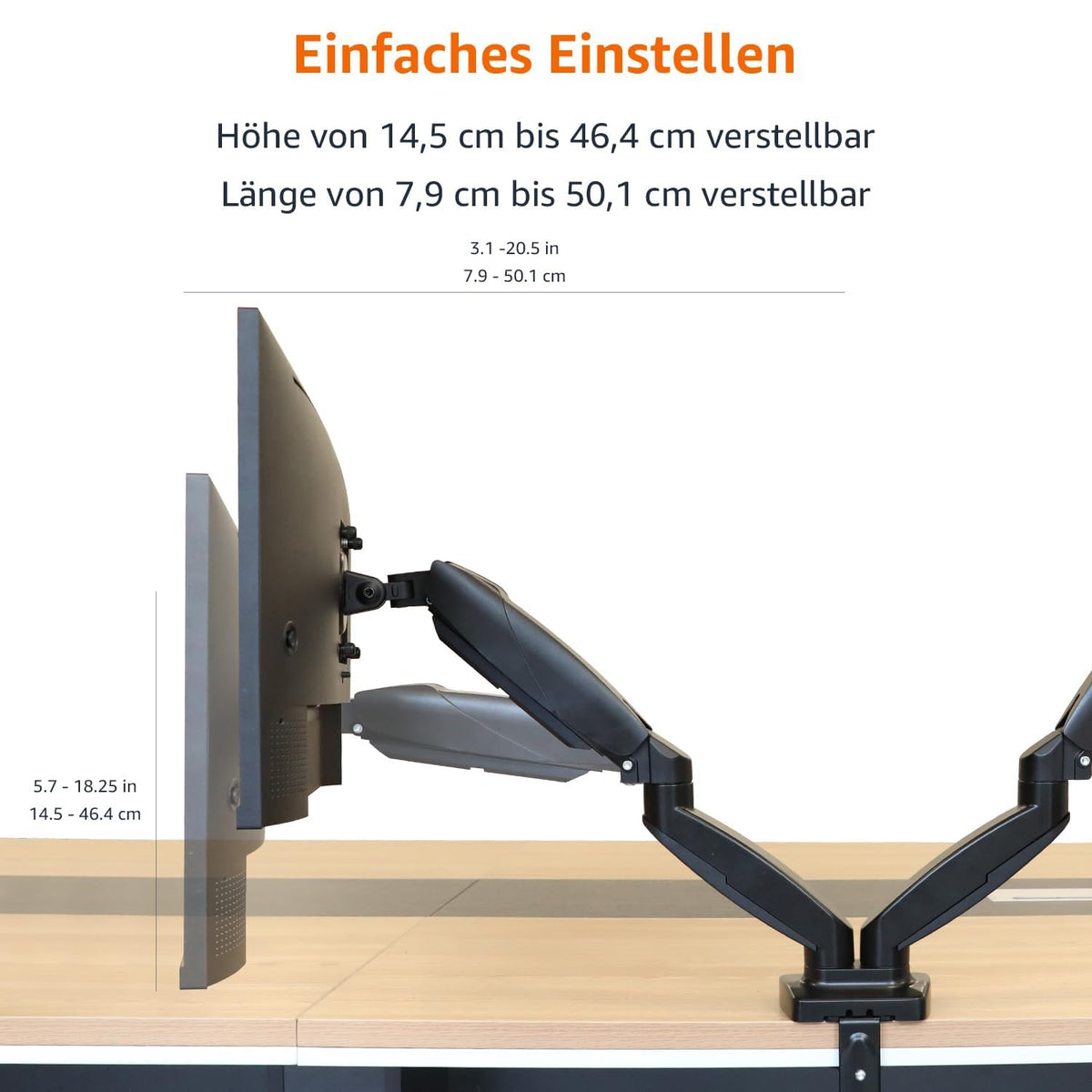 Amazon Basics Braț dublu pentru monitor cu arc pneumatic, montare pe birou, tensiune ajustabilă, pentru monitoare de 15–27 inch (38,1cm–68,6cm), suportă 2,0kg–7,0kg pe braț, VESA 75x75/100x100, negru - DS-MADDBE