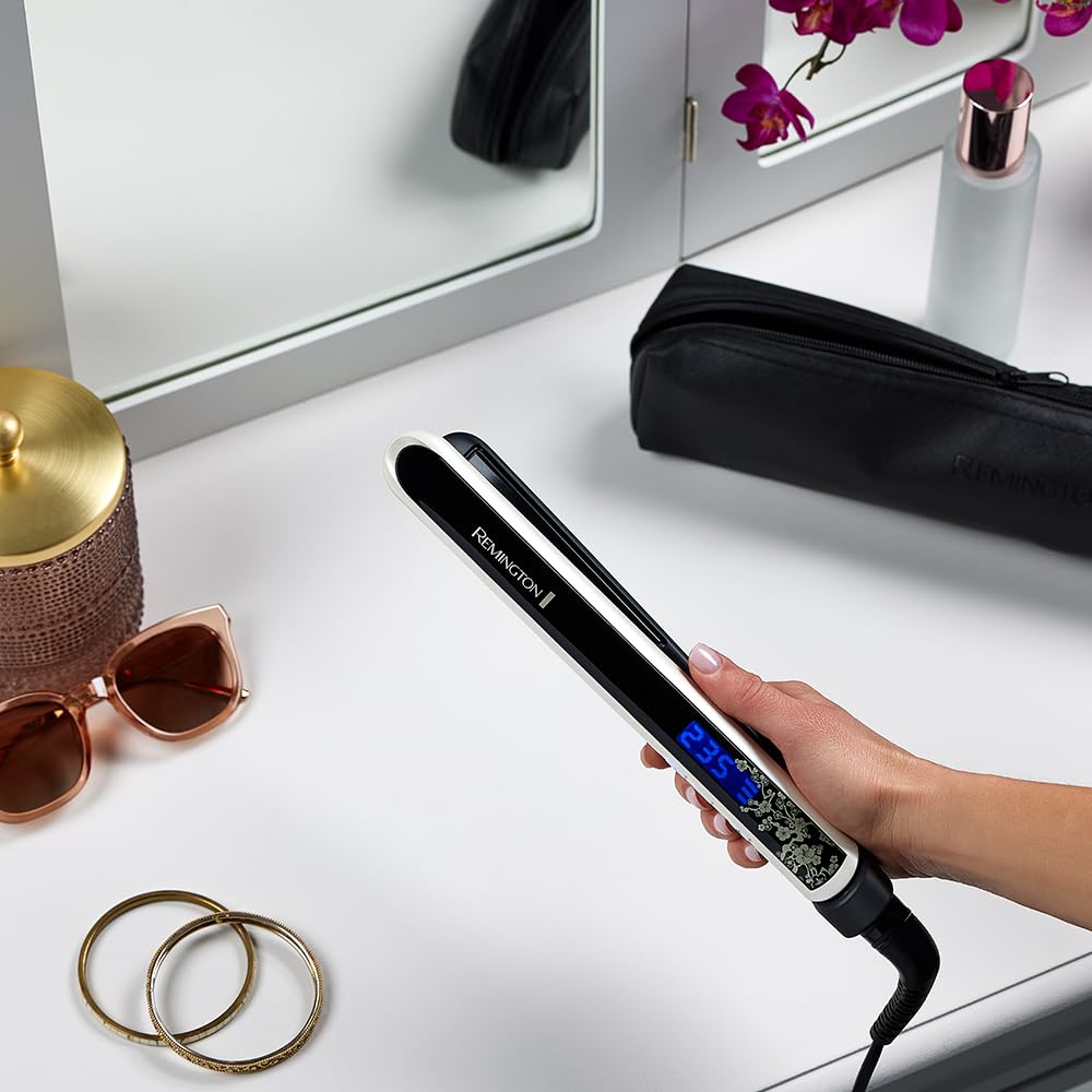 Remington Straightener [Test Winner] Pearl (high-quality ceramic coating with real pearls for even heat distribution) LCD display, 150-235°C, including storage bag, hair straightener S9501