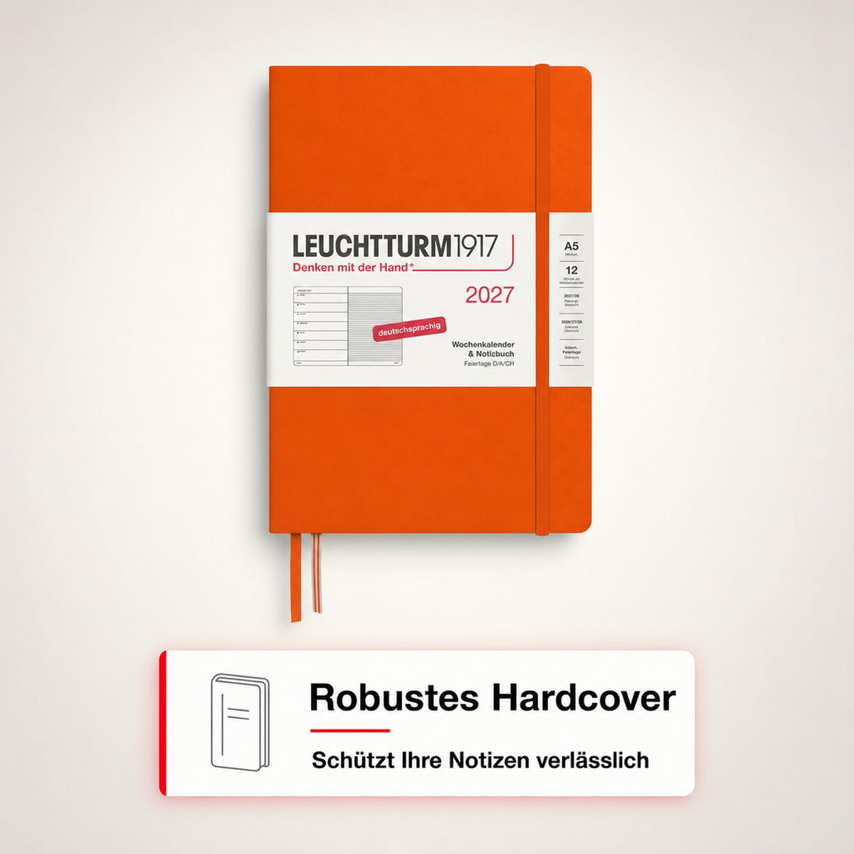 LEUCHTTURM1917 Weekly Calendar 2027 Medium (A5) with Notebook - Appointment Planner German, Pumpkin, January-December 2027, Weekly Overview on the Left + Notes Page on the Right - 400050