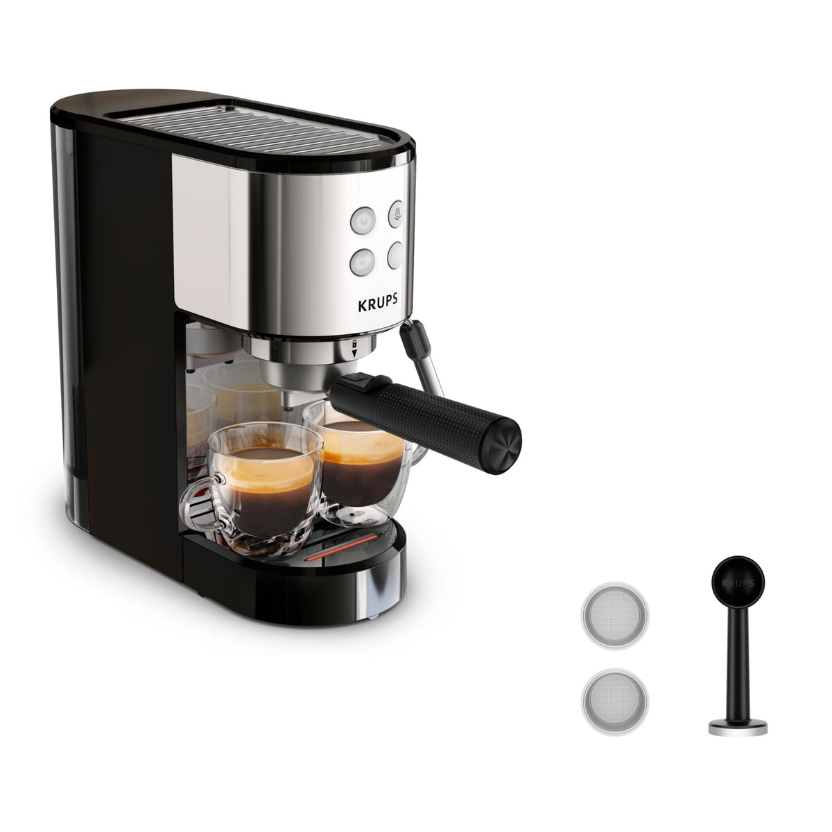 Krups Virtuoso Essential Espresso Machine, 15 bar, stainless steel accents, sleek design, control panel with 4 functions, including barista accessories, stainless steel, XP441810