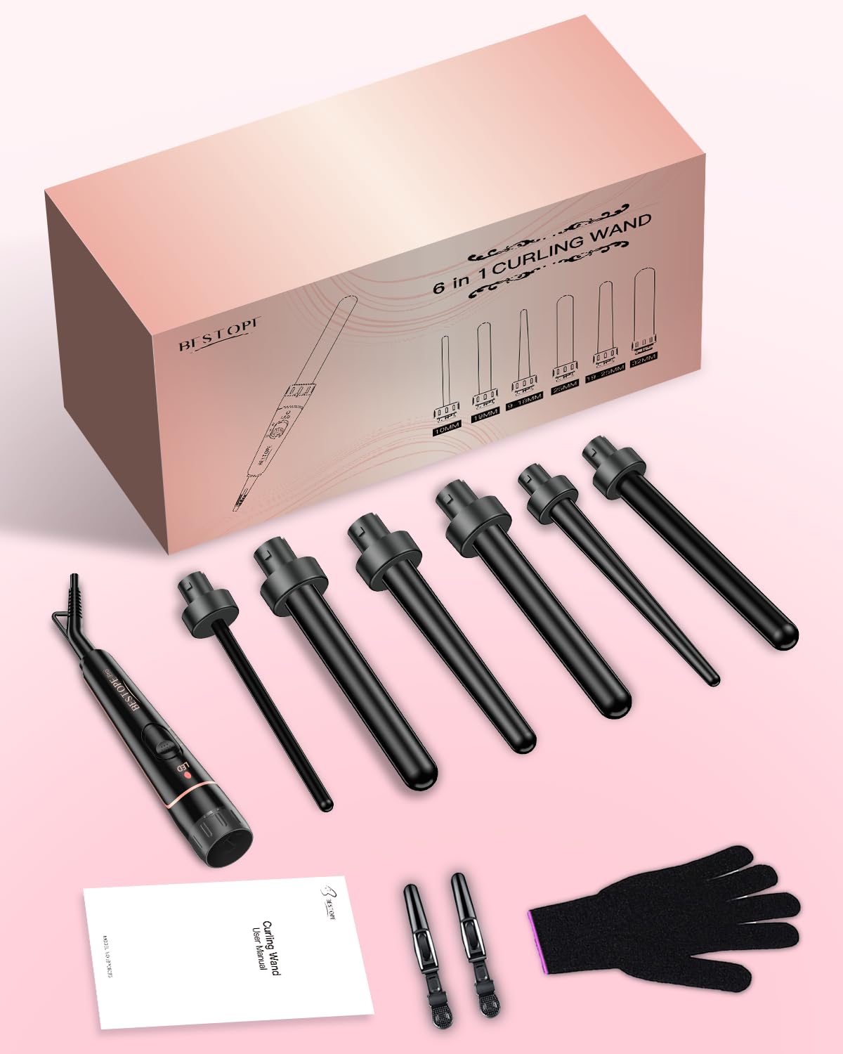 Curling iron large and small curls set - 6 in 1 with different attachments, anti-static ceramic tourmaline coating, wave iron for beach waves - L-F